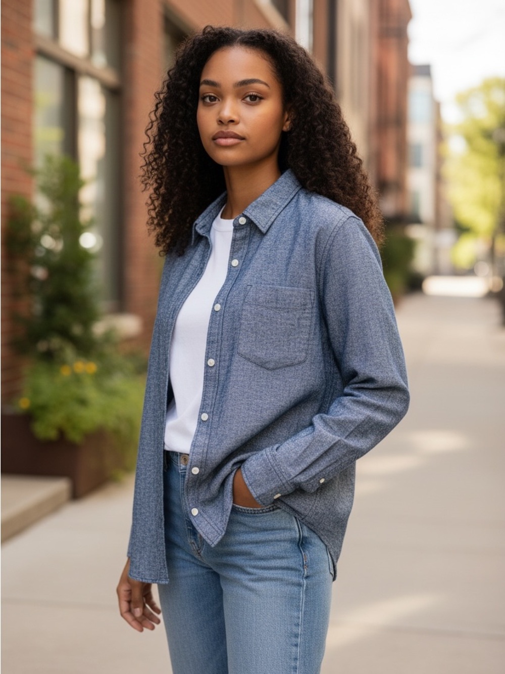 GAP Heathered Navy Casual Button-Down Shirt L Capsule